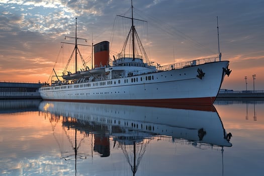 Historic ship reflected in calm waters at sunset. photo