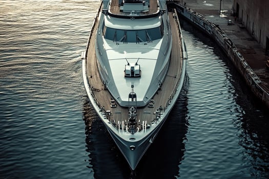 Luxurious yacht docked on calm waters. photo