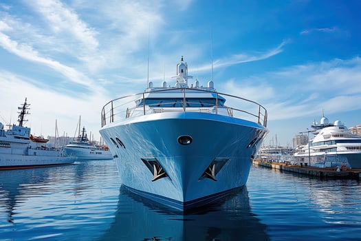 Luxurious yacht docked in a serene marina. photo