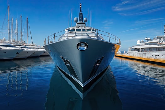 Luxury yacht docked in a marina under a clear sky. photo