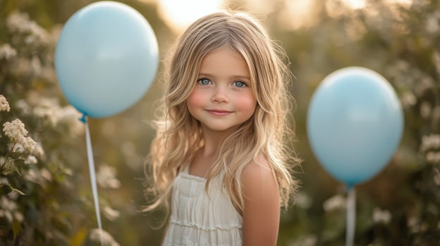 Sweet girl posing beside balloon arrangement in a warm autumn setting photo