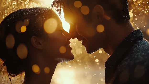 Couple sharing a romantic moment under an umbrella in the rain photo