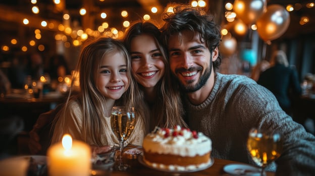 Family celebration with cake and balloons in a cozy indoor setting photo