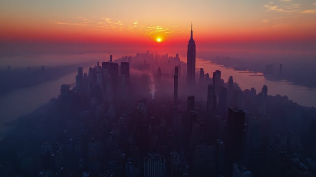 Vibrant sunset over Hong Kong harbor with silhouettes of skyscrapers and distant islands photo