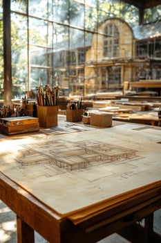 Creative workspace filled with tools and architectural sketches in a bright studio photo
