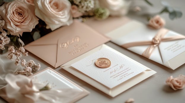 Elegant wedding invitation alongside a bouquet of white flowers on a wooden table photo