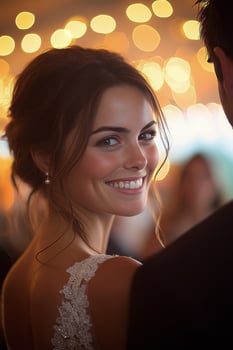Couple celebrates their wedding reception with intimate dance in soft lighting atmosphere photo