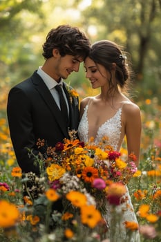 Romantic couple embracing in a flower field during golden hour photo