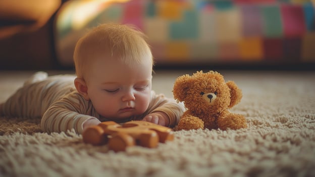 Happy baby exploring wooden blocks on soft rug in bright indoor space photo