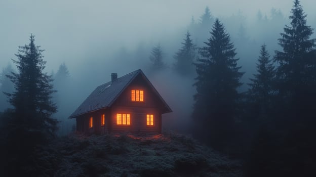Enchanted forest cottage illuminated by warm lights in a magical evening setting photo