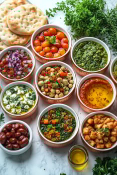 Delicious variety of vibrant dishes served with bread and garnishes in a bright setting photo