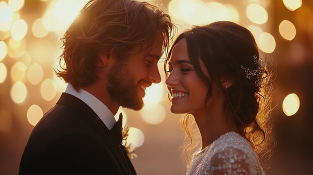 Smiling couple shares a romantic moment at a wedding reception under glowing lights photo