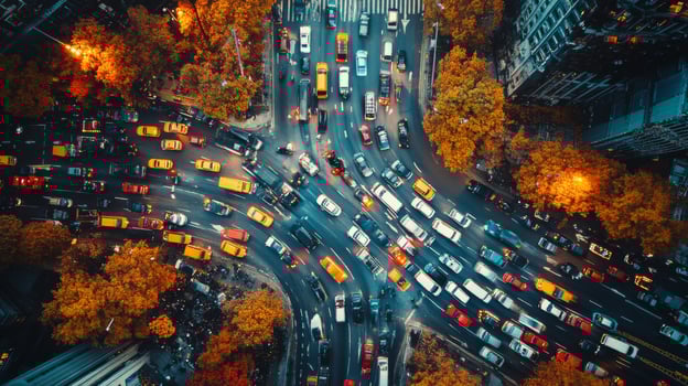 Busy city intersection illuminated by bright lights at night in urban landscape photo