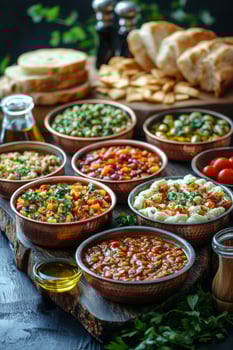 Diverse array of Mediterranean dips and appetizers on rustic wooden serving board photo