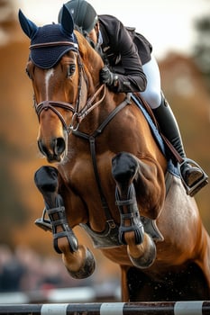 Equestrian athlete jumping over an obstacle in a horse show competition at a scenic venue photo