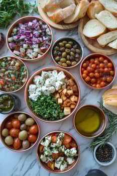 Delicious variety of vibrant dishes served with bread and garnishes in a bright setting photo