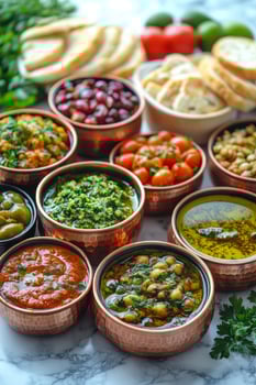 Delicious variety of vibrant dishes served with bread and garnishes in a bright setting photo