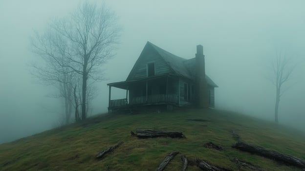 Eerie abandoned house surrounded by fog on a dark and misty evening photo