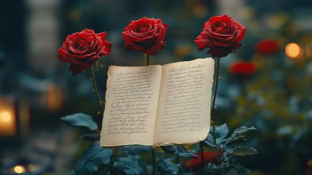 Romantic setting with red roses and a handwritten letter on a bed of green leaves photo