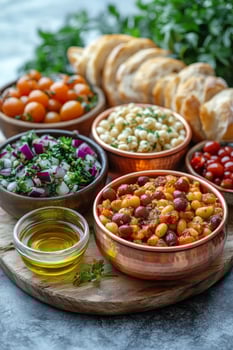 Diverse array of Mediterranean dips and appetizers on rustic wooden serving board photo