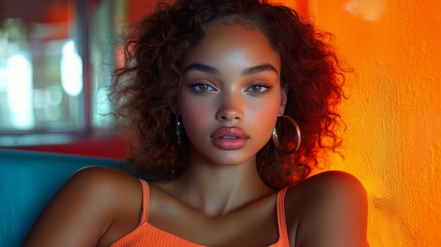 Young woman with captivating eyes and glowing skin illuminated by colorful light at dusk photo