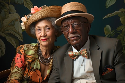 Portrait of multiracial couple in love, European elderly woman and African man photo