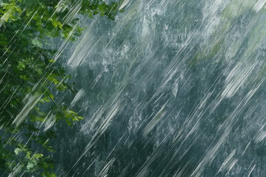 Rainy forest background with green leaves and water photo