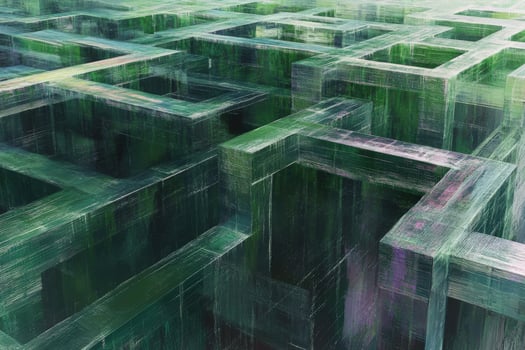 A digital painting of a maze with green squares photo