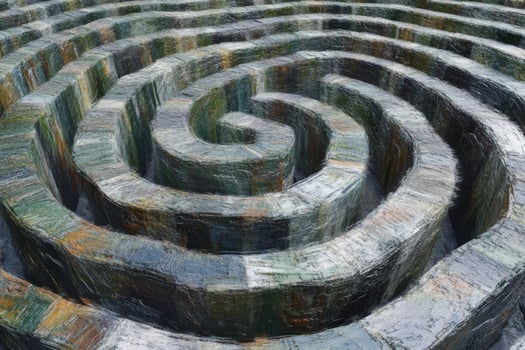 A large spiral maze with many different shapes photo