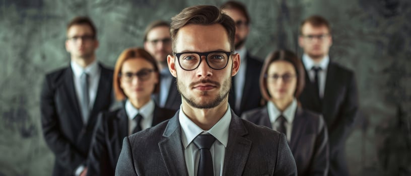 A man in a suit and tie standing in front of a group of business people photo