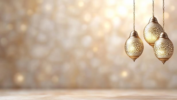 Three hanging lamps with gold decorations on a beige background photo