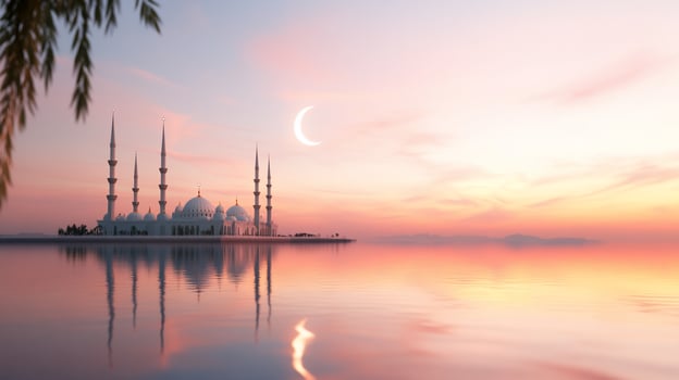 Muslim mosque in the sunset with a crescent moon photo