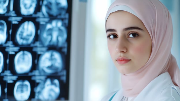 A female doctor in a white coat and hijab photo