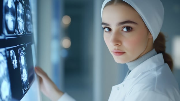 A woman in a white coat is looking at an x - ray photo