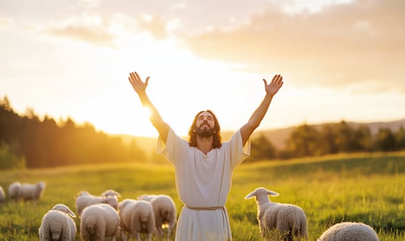 Jesus is standing in a field with sheep photo