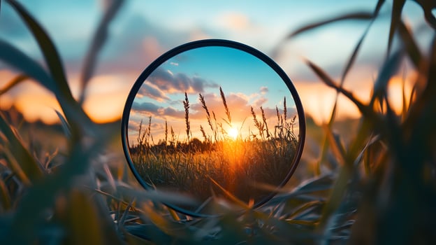 A beautiful, serene landscape with a large, circular mirror reflecting the sun photo