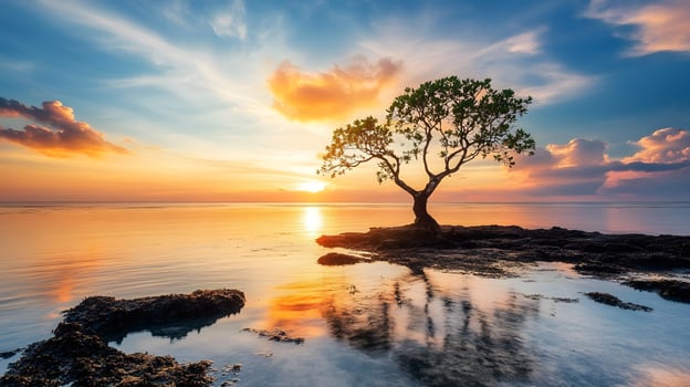 A tree is in the water near the shore photo