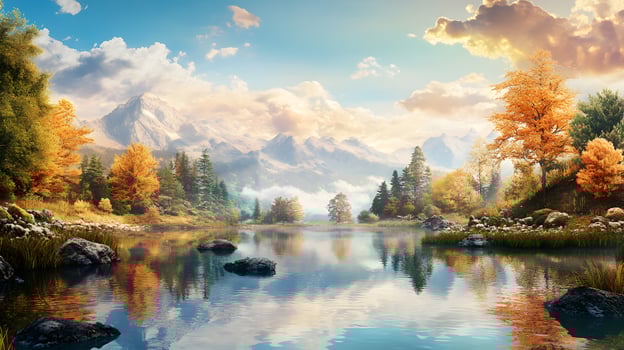 A beautiful landscape with a lake and mountains in the background photo