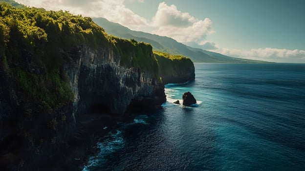 A beautiful view of the ocean with a rocky shoreline photo