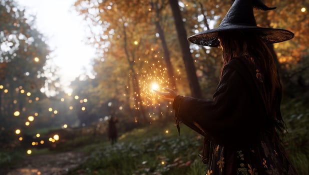 A woman in a witch hat holding a sparkler photo