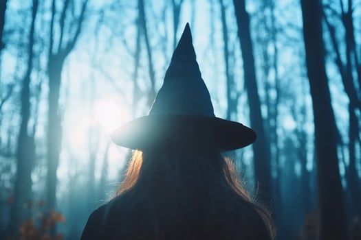 A woman wearing a witch hat in the woods photo