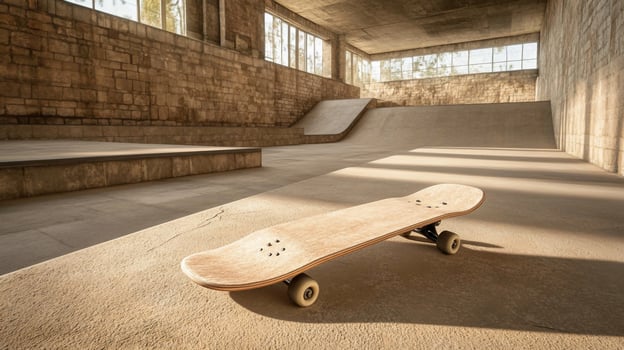 A skateboard is sitting in a room with a wall photo