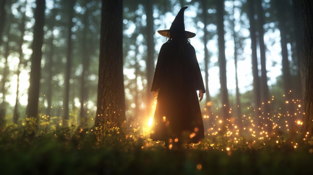 A witch is standing in the woods with fireflies photo