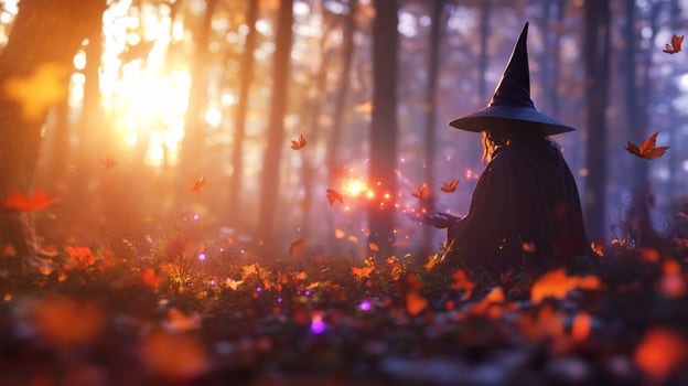 A witch in a forest with a wand and butterflies photo