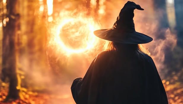 A woman in a witch hat is standing in the woods photo