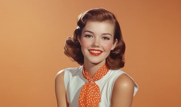 A woman in a polka dot dress and orange tie photo