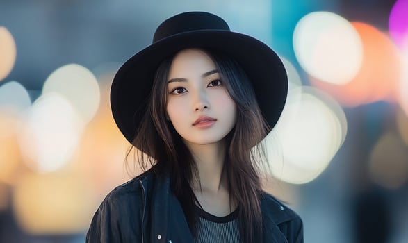 A beautiful woman in a black hat and jacket photo