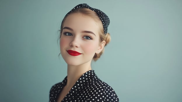 A woman with a polka dot dress and red lipstick photo