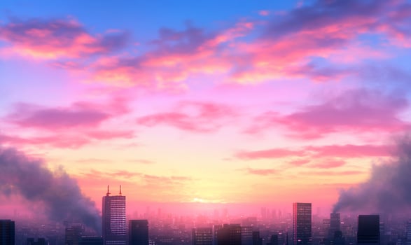 A cityscape with smoke coming out of the sky photo