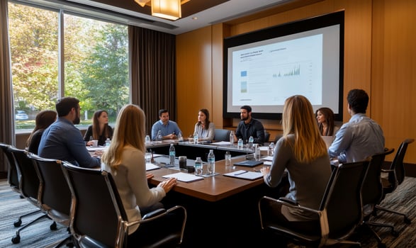 A group of people sitting around a conference table photo